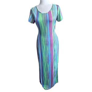 Lexington Avenue Striped Maxi Dress Blue Green Slit SZ S NWOT